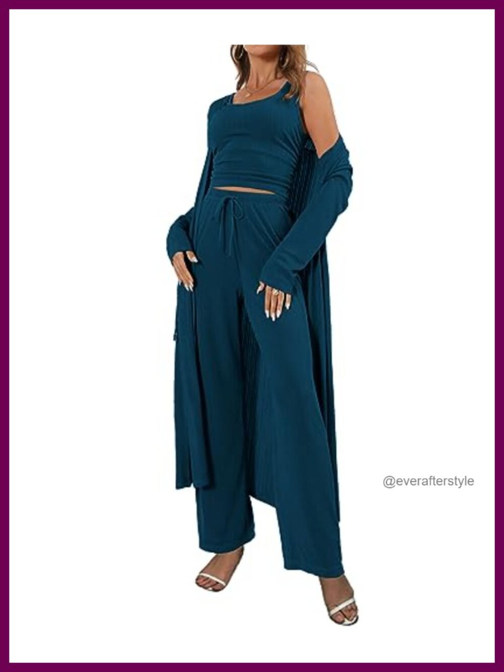 3 Piece Ribbed Knit Lounge Set Tank Cardigan Wide Leg Pants Travel Outfit